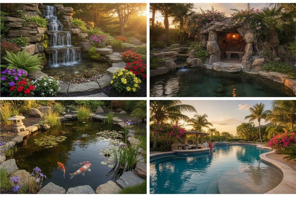 Collage of backyard water feature styles: waterfall, grotto, natural pond, and swim-up lagoon