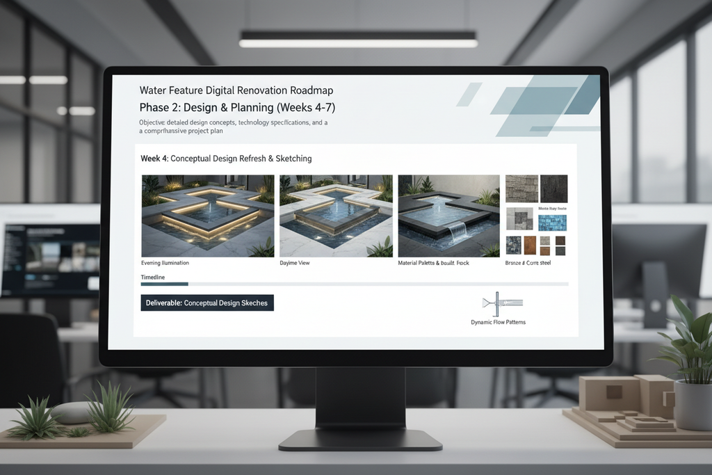Digital renovation roadmap document with step-by-step timeline, prioritized upgrade phases, and design refresh sketches