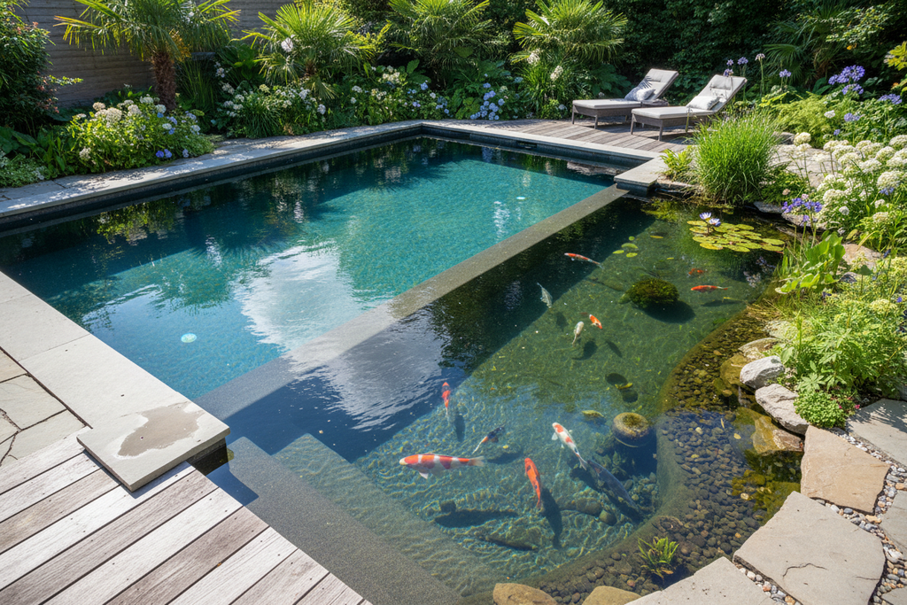 Crystal clear backyard pool and pond representing perfectly maintained water features