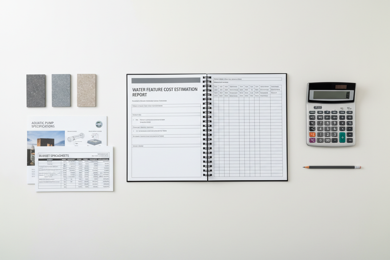 Flat lay of water feature cost estimation report with calculator, material samples, and budget spreadsheets