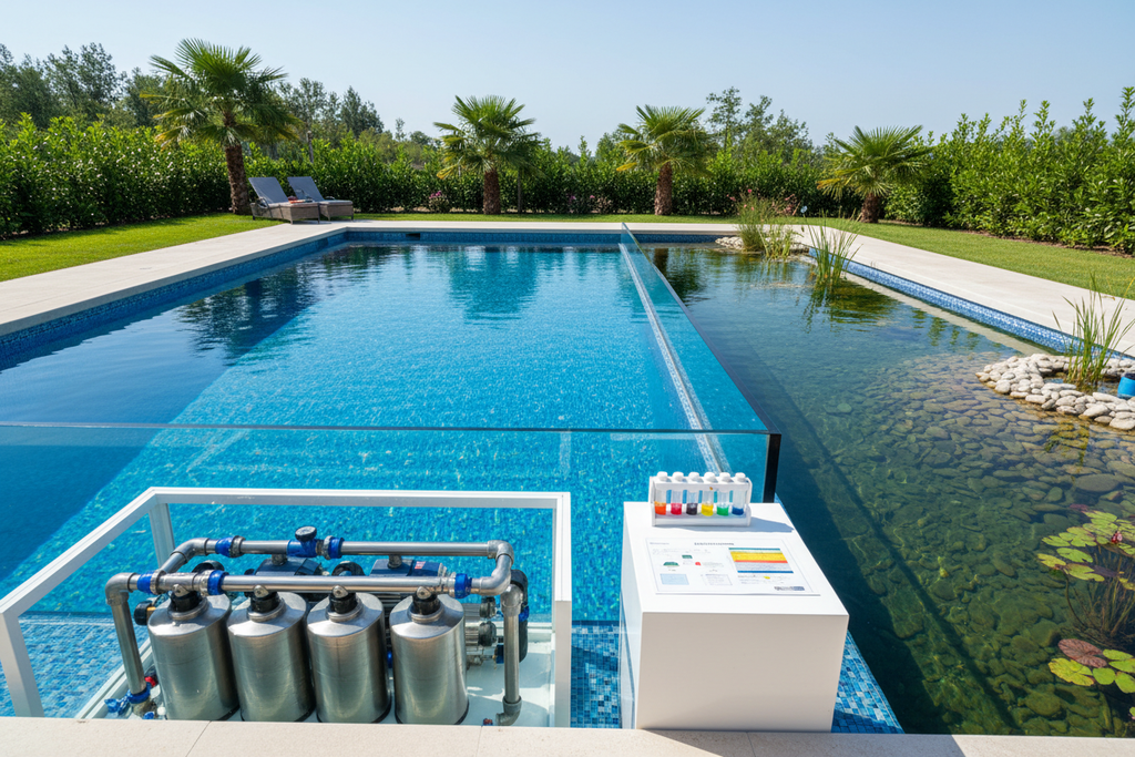 Sparkling crystal-clear pool with water testing kit and chemical balance chart nearby