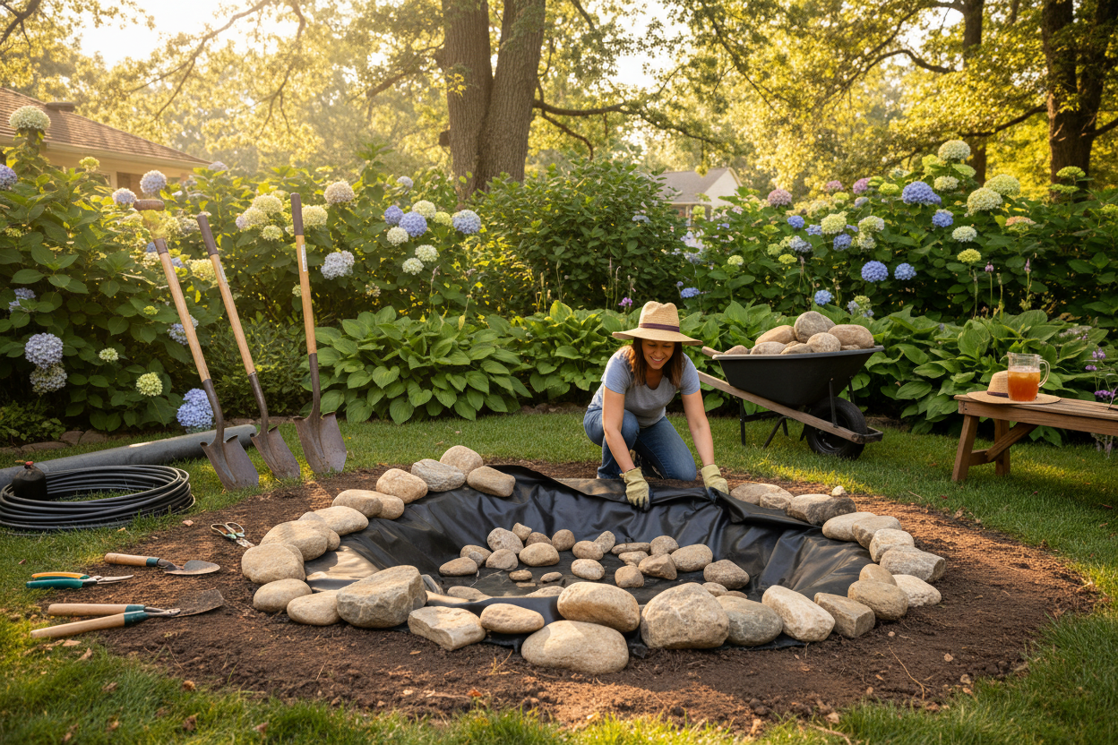 DIY backyard pond under construction with natural stones and pond liner