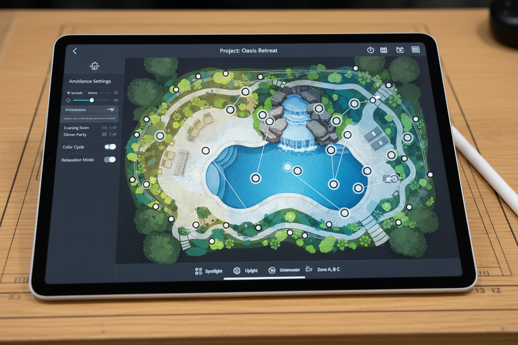 Digital landscape lighting design plan on tablet showing fixture placements and light zones for pool and waterfall garden