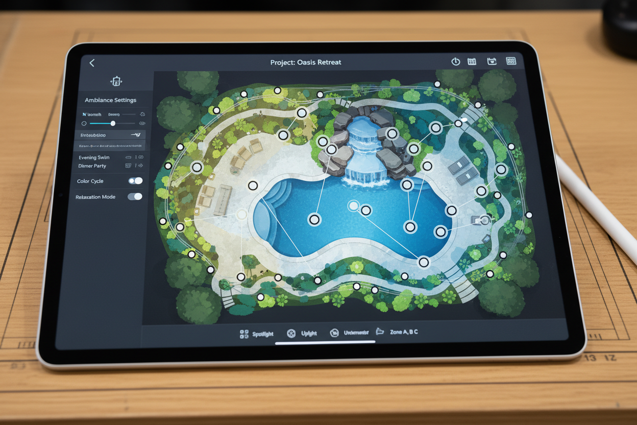Digital landscape lighting design plan on tablet showing fixture placements and light zones for pool and waterfall garden