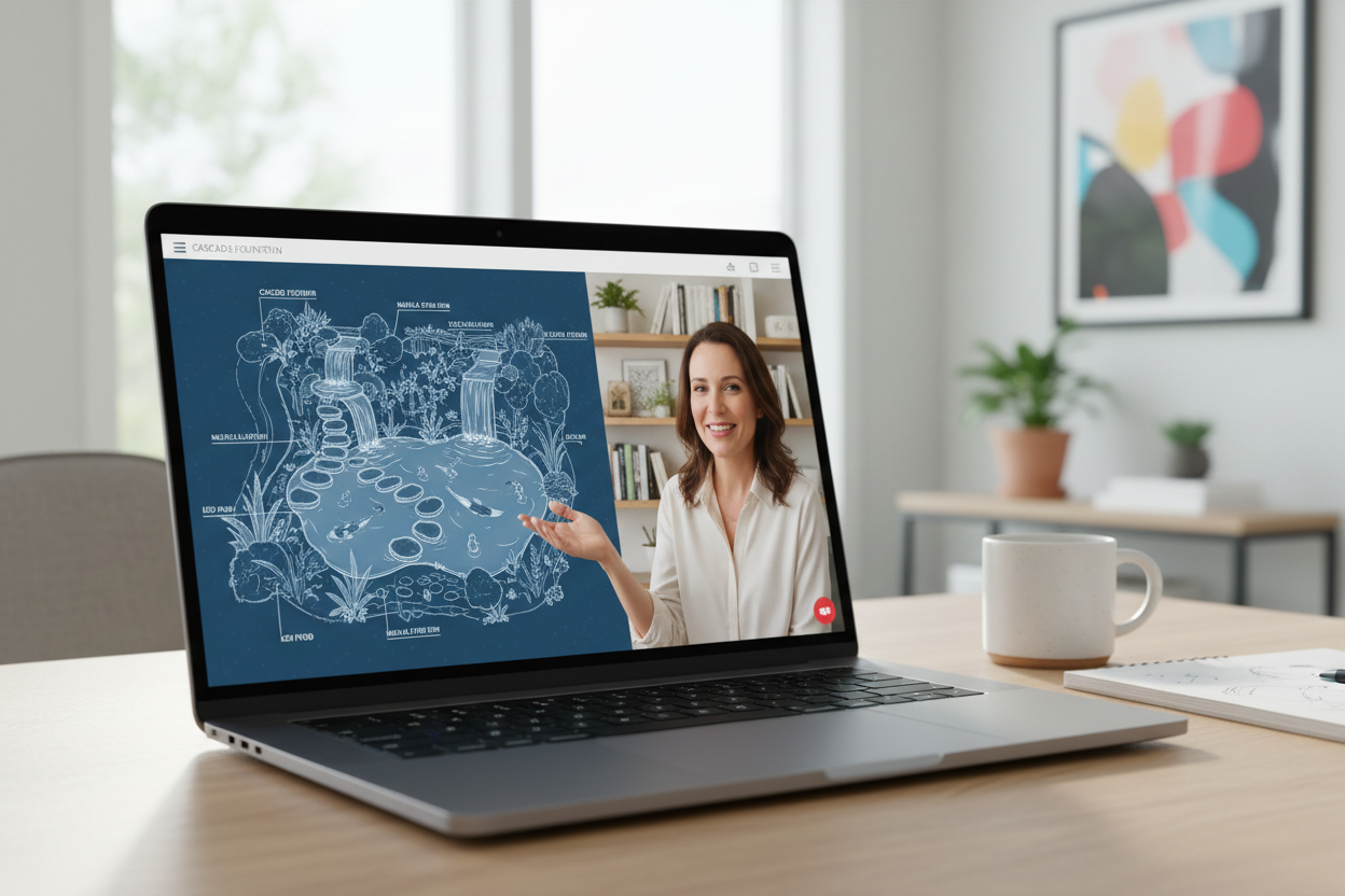 Virtual design consultation on laptop with water feature specialist