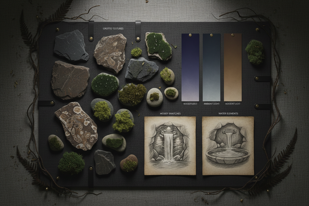 Curated design board of grotto cave textures, mossy stone swatches, and ambient lighting palettes