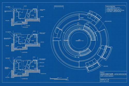 Professional technical design blueprint for a custom water feature with architectural drawings and measurements