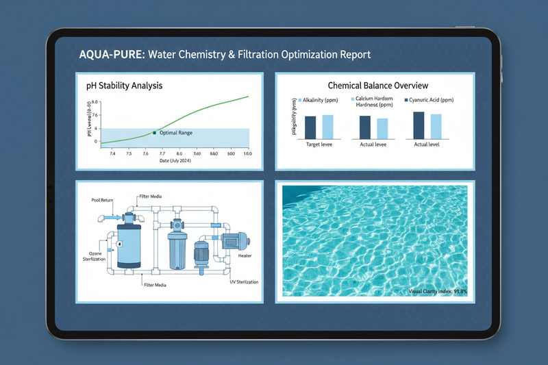 Professional water chemistry and filtration optimization report with pH charts and filtration system diagrams