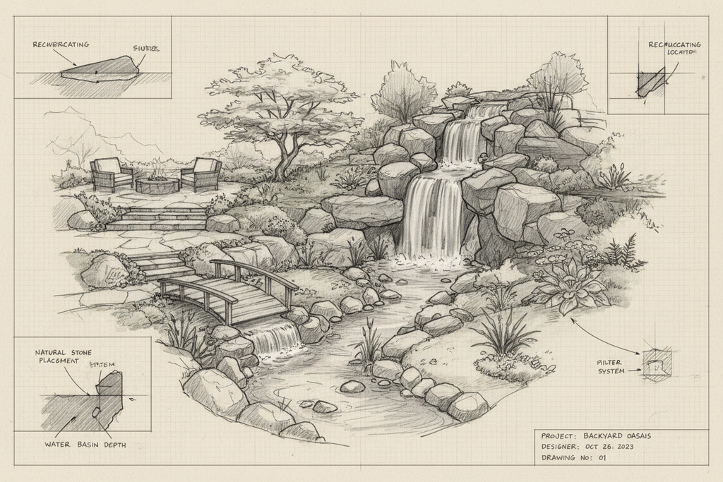 Hand-drawn pencil sketch concept art of a custom backyard waterfall design