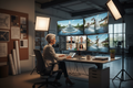 Senior water feature designer in a professional studio on a video call sharing 3D renderings and blueprints