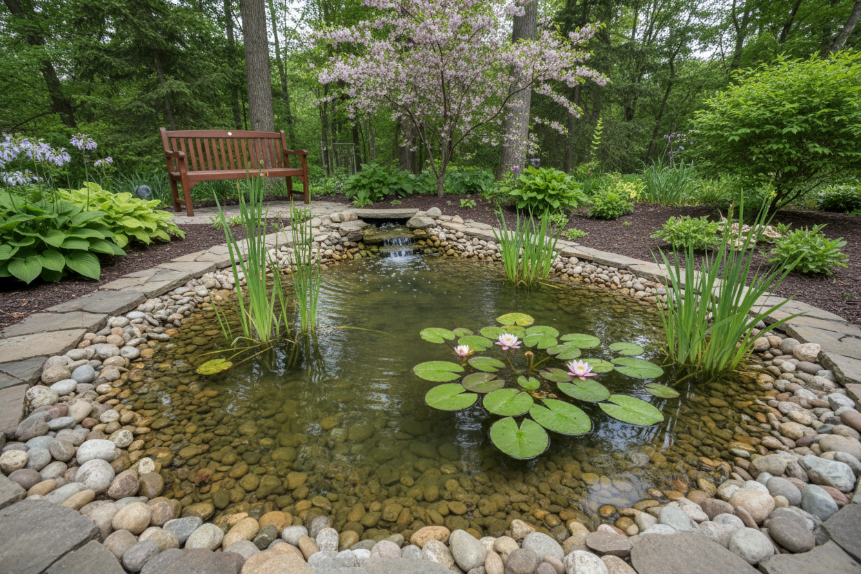 Beautifully finished backyard pond with aquatic plants, lily pads, and clear water