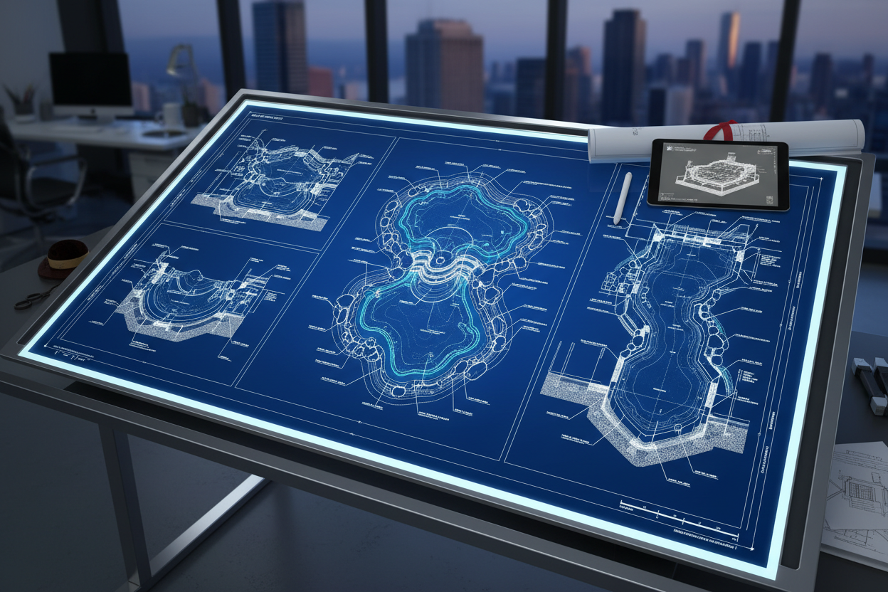 High-resolution digital blueprint showing full-scale water feature construction drawings with technical annotations