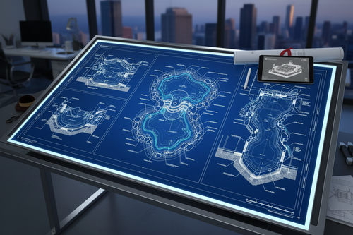 High-resolution digital blueprint showing full-scale water feature construction drawings with technical annotations