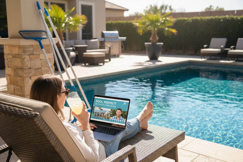 Person watching an online pool care video course on a laptop by a sparkling backyard pool