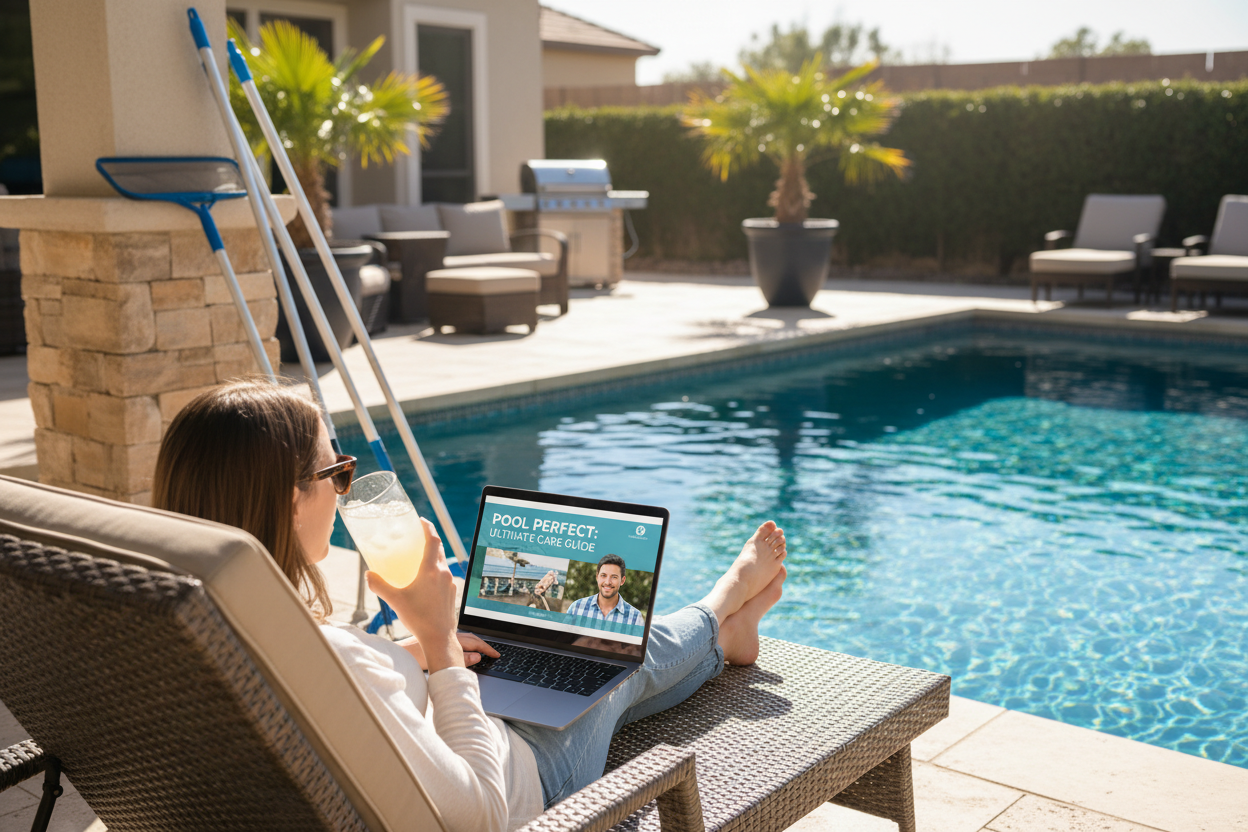 Person watching an online pool care video course on a laptop by a sparkling backyard pool