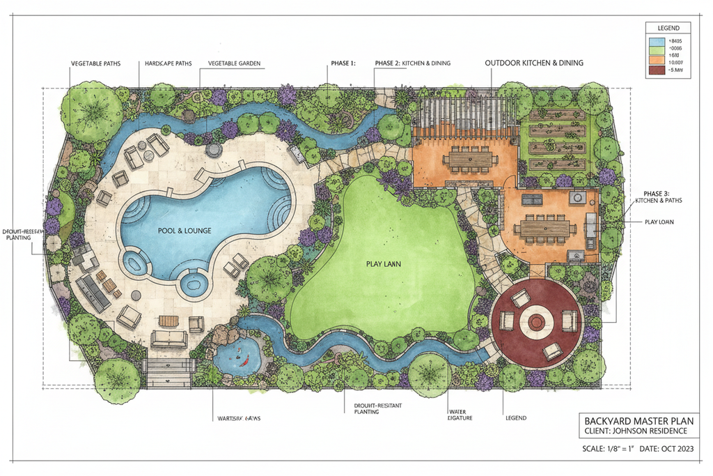 Comprehensive backyard master plan layout with color-coded zoning, water features, hardscape, and planting schemes