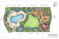Comprehensive backyard master plan layout with color-coded zoning, water features, hardscape, and planting schemes