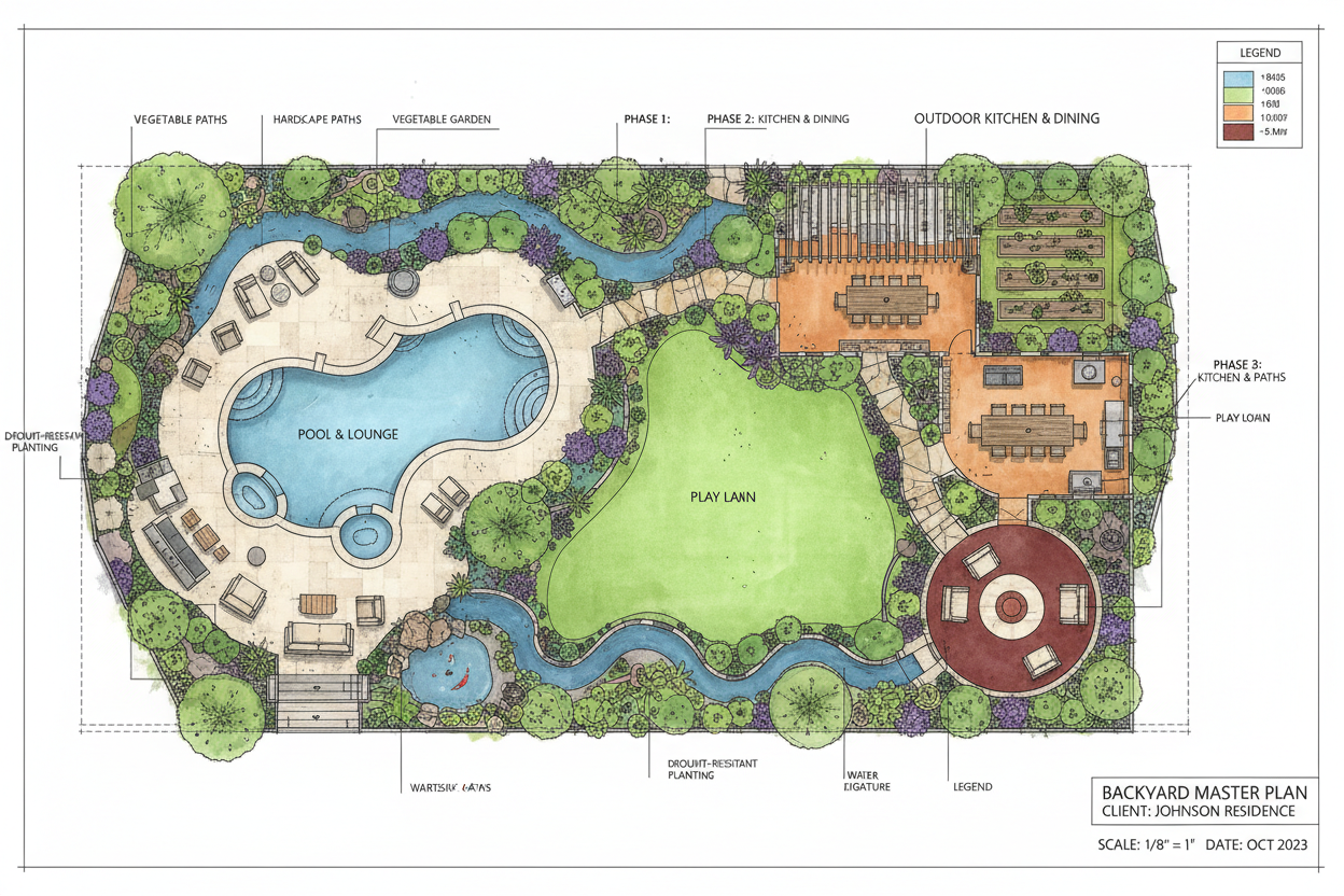 Comprehensive backyard master plan layout with color-coded zoning, water features, hardscape, and planting schemes