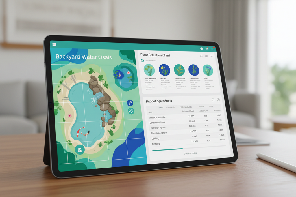 Digital tablet displaying a beautifully designed backyard water oasis project planner with colorful layout grids