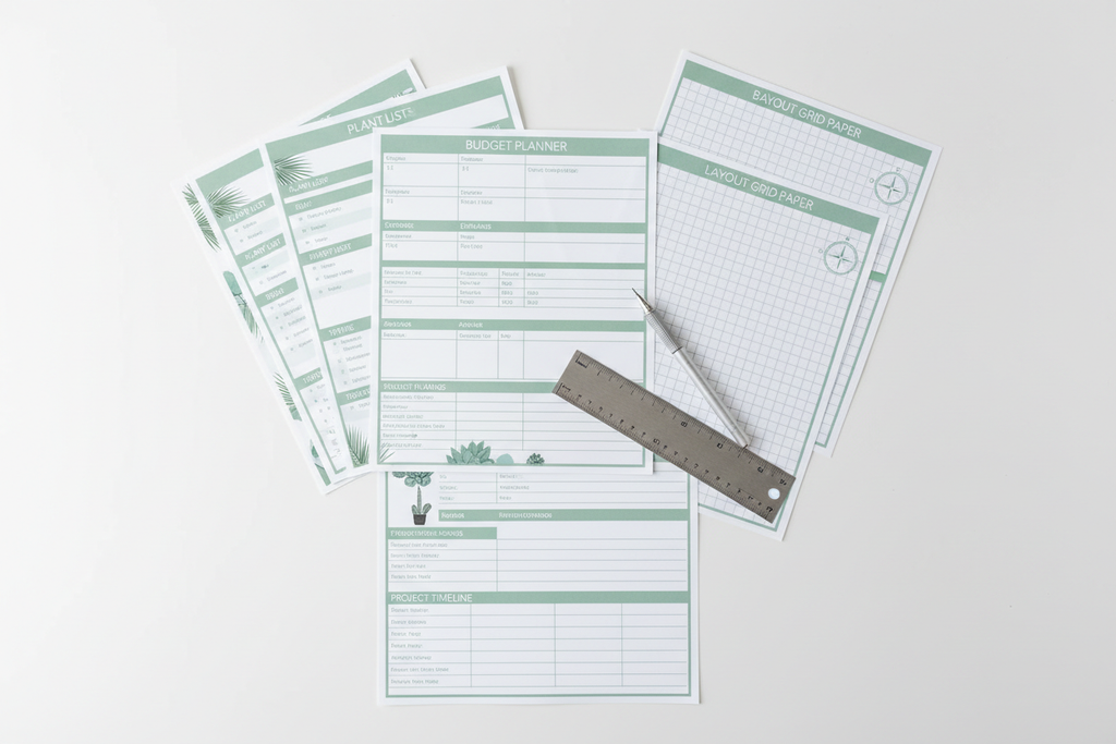 Flat lay of backyard oasis planning template pack with budget planner, layout grids, and timeline charts