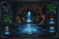 3D digital mood board for a grotto and cave water retreat with dramatic lighting