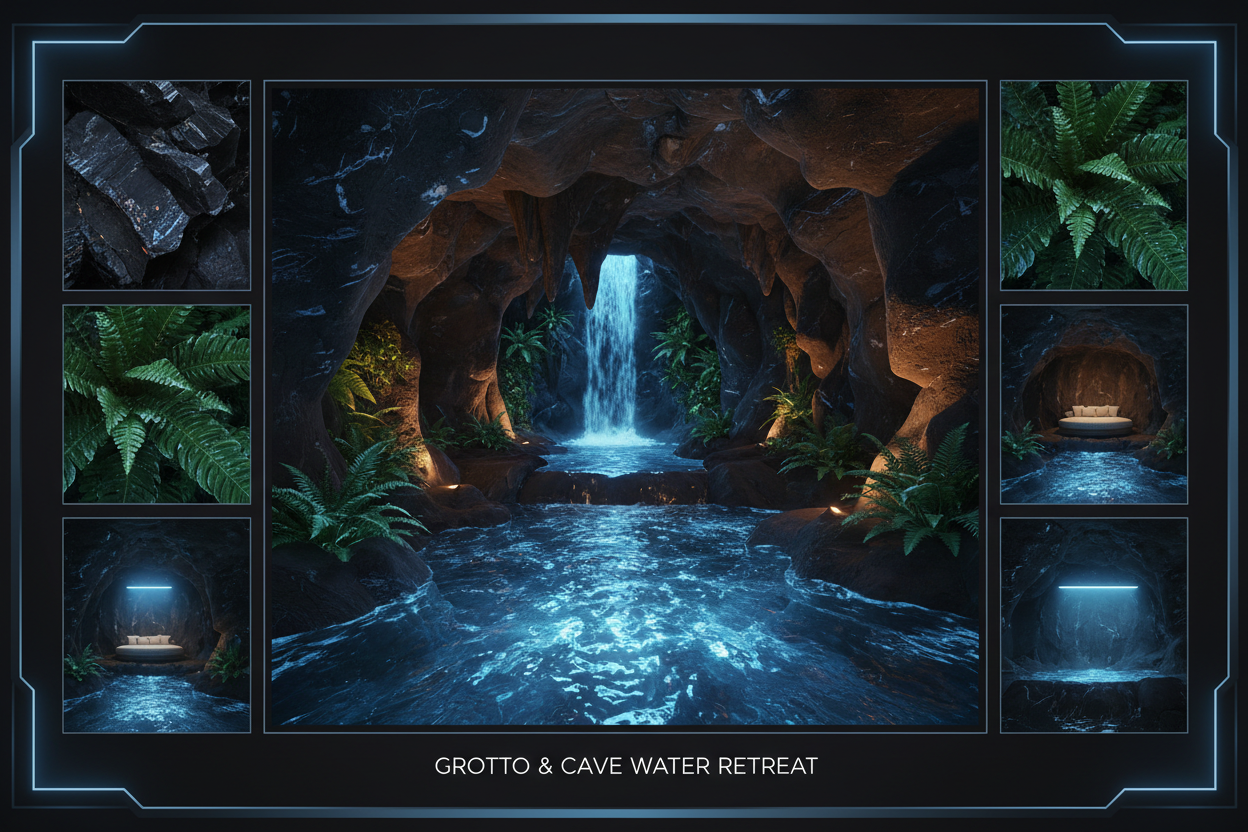3D digital mood board for a grotto and cave water retreat with dramatic lighting