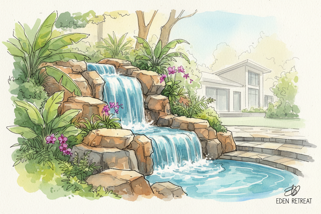 Digital watercolor concept sketch of a custom waterfall with natural stone and tropical plants