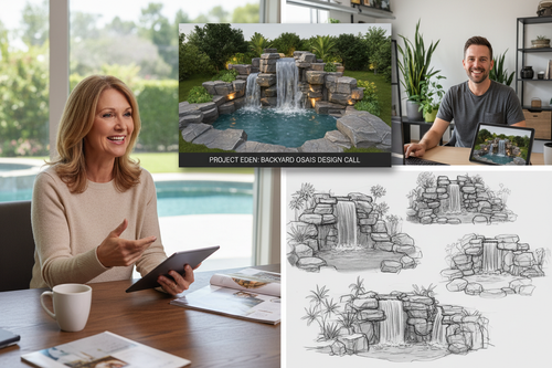 Homeowner on video call with water feature designer reviewing backyard layout plans