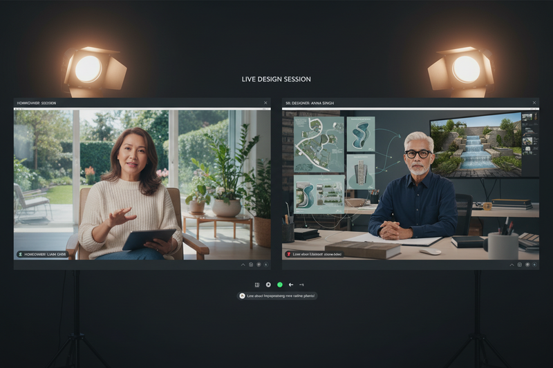 Split-screen live online design studio session with designer sharing water feature concept boards in real time