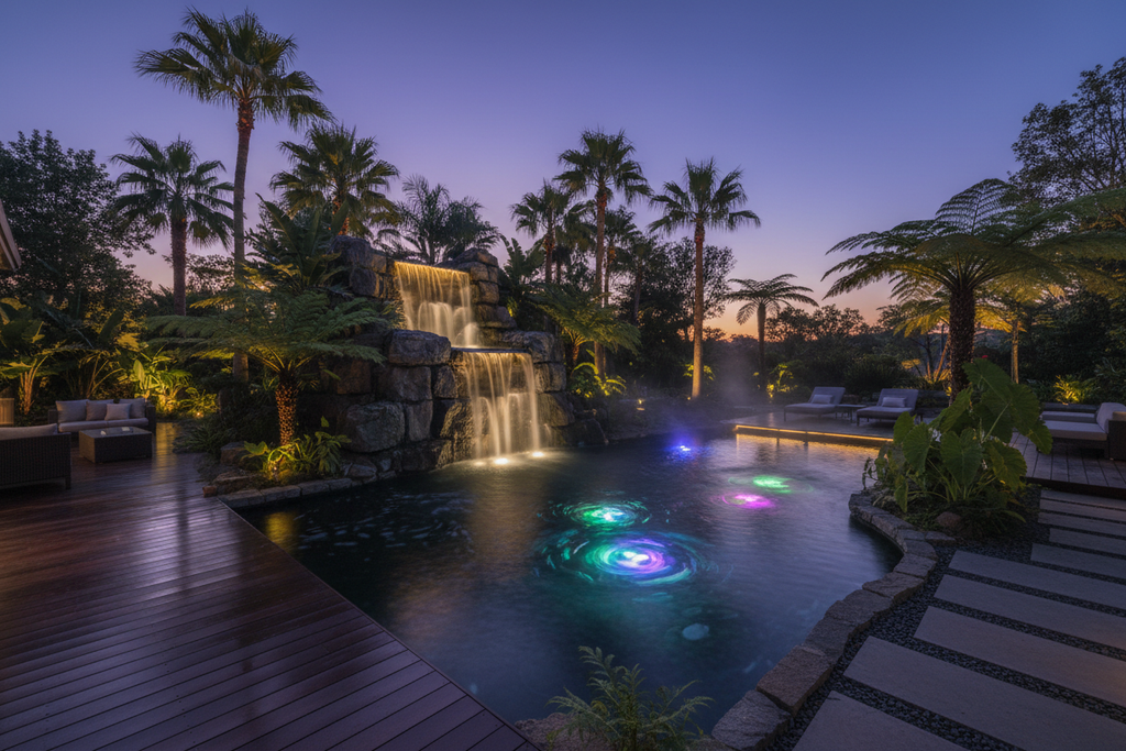 Luxury outdoor water feature at dusk with dramatic uplighting and color-changing LED pond lights