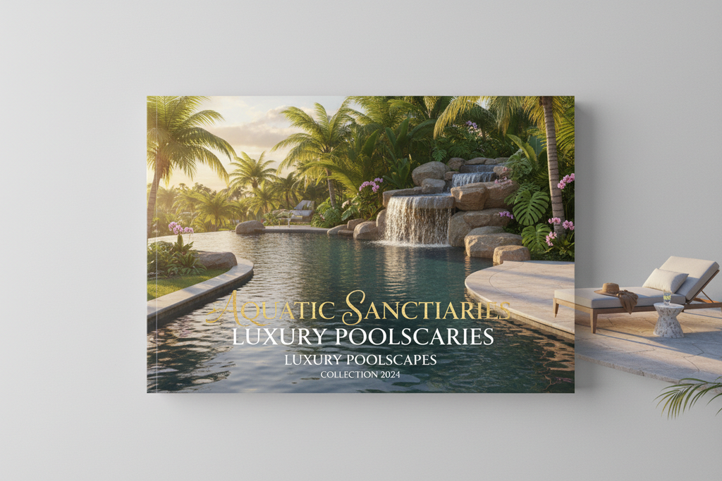 Luxury poolscape lookbook PDF cover with resort-style pool and waterfall