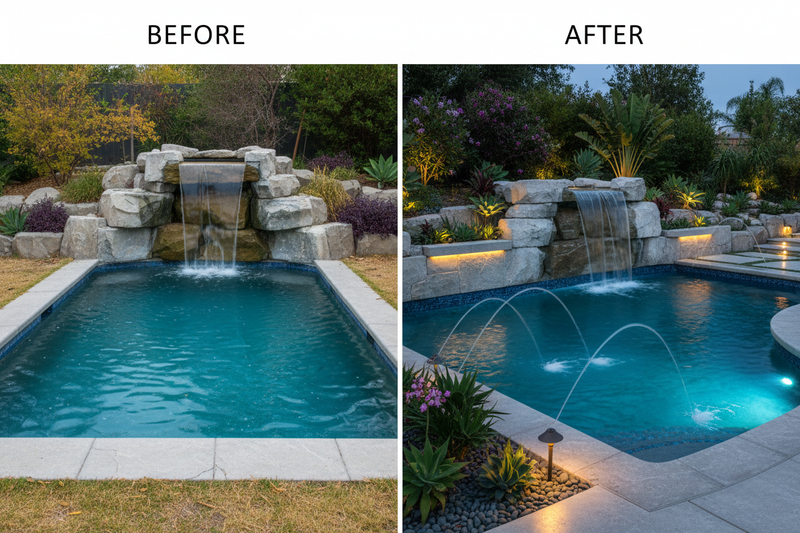 Before-and-after split image of a water feature renovation showing transformation from outdated to modernized luxury oasis