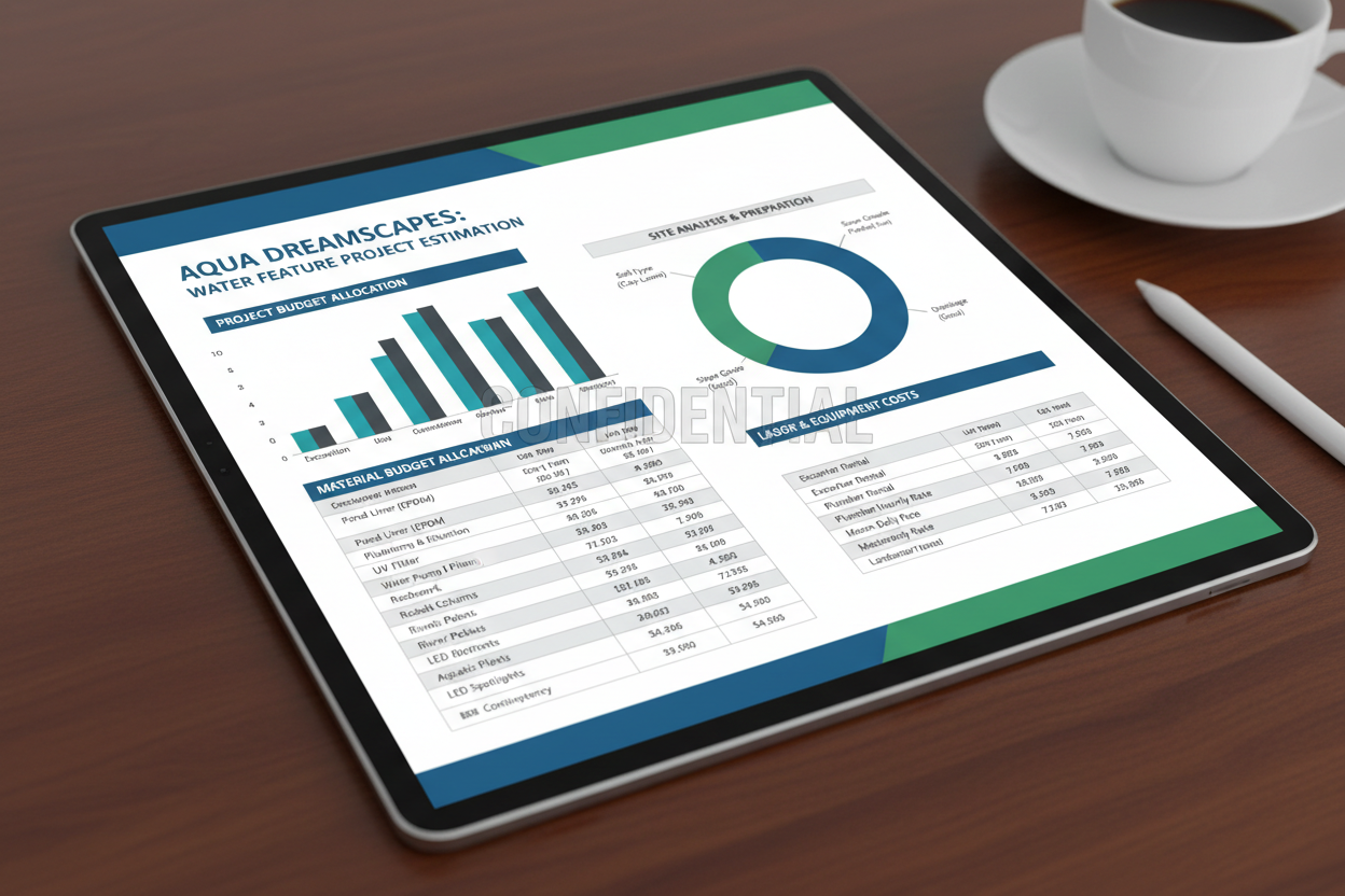 Professional digital cost estimation report with budget tables and material cost breakdowns