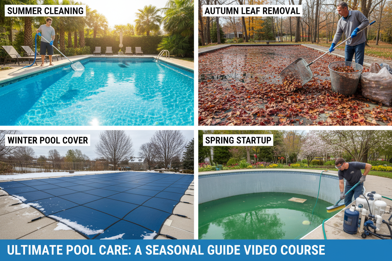 Split-screen collage of seasonal pool care across summer, autumn, winter, and spring