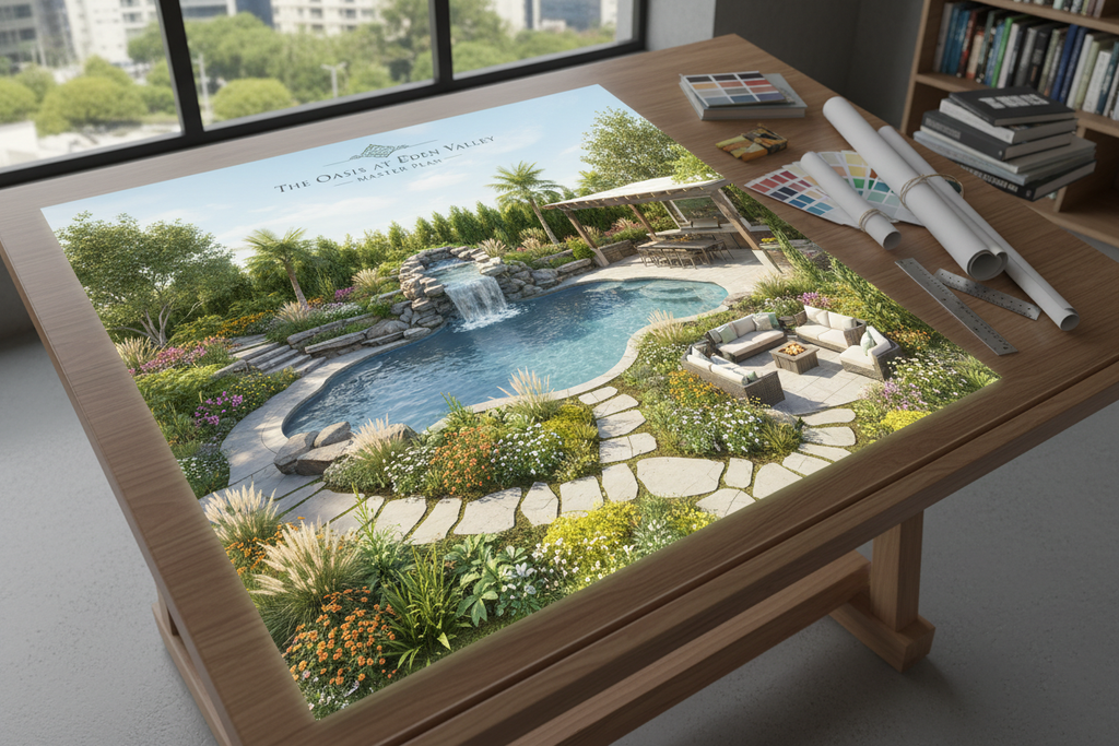 Digital backyard transformation master plan showing a completed luxury oasis with pool, waterfall, and garden areas