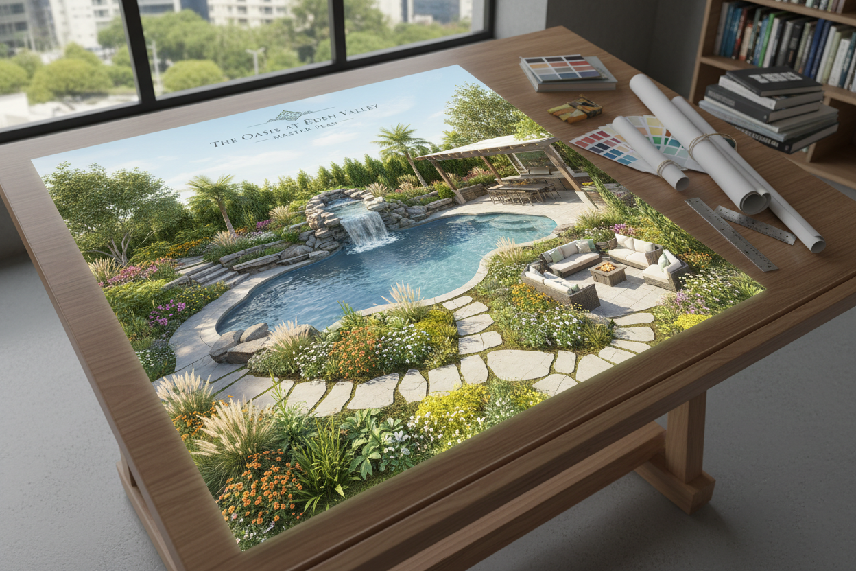 Digital backyard transformation master plan showing a completed luxury oasis with pool, waterfall, and garden areas
