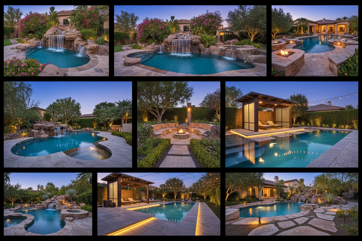 Collage of luxury outdoor poolscapes with waterfalls and garden integrations