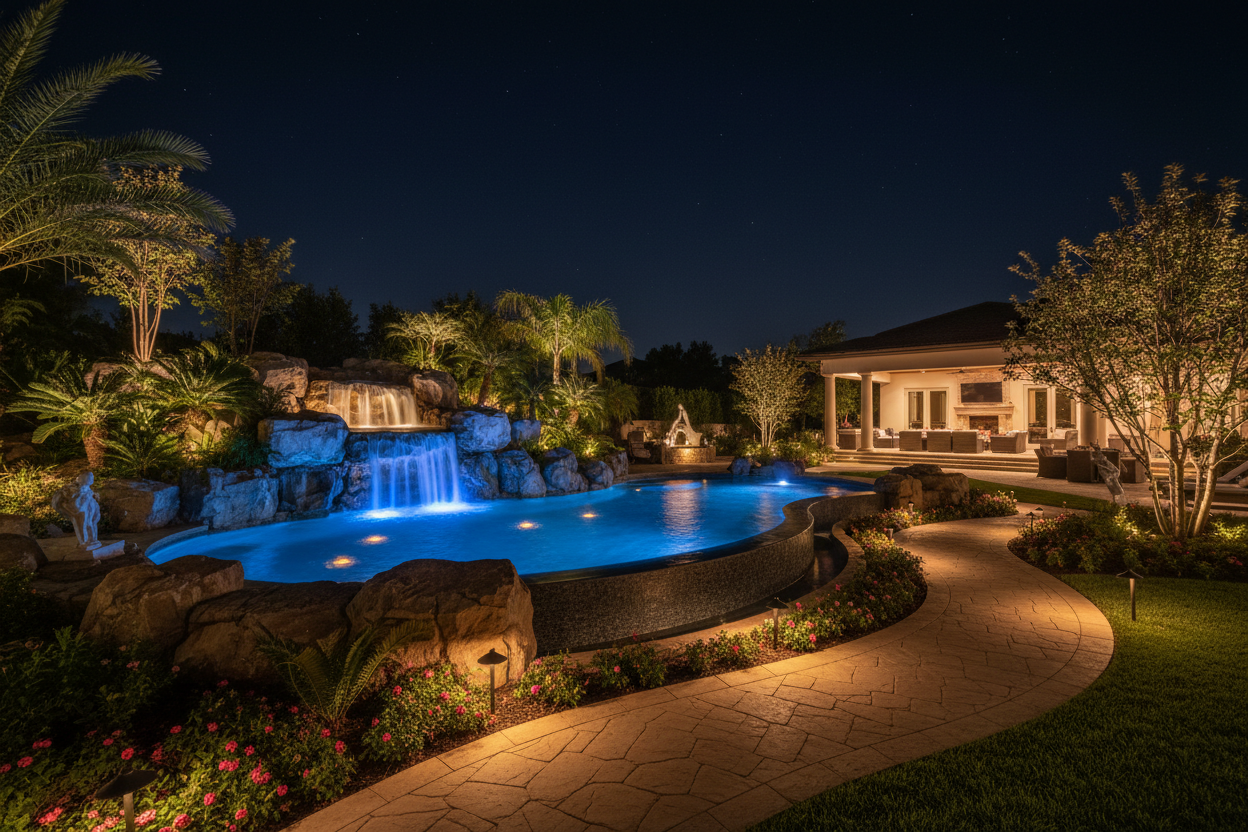 Luxury backyard at night with professionally designed landscape lighting on waterfalls, pool, and garden beds